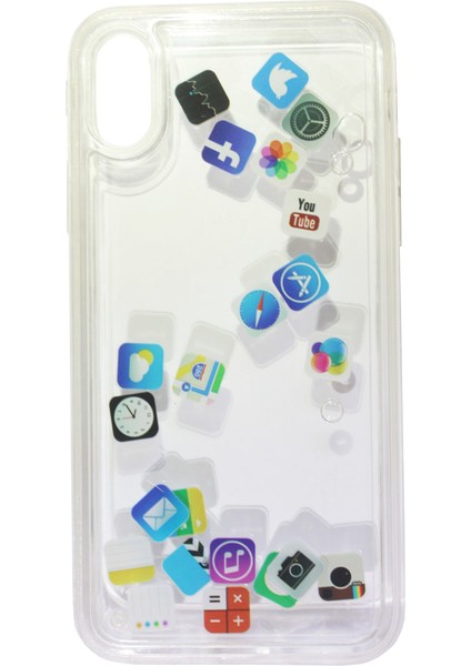 Apple iPhone XS Max Kılıf Hareketli İçi Sıvı Sosyal Medya İkonlu Water Kapak