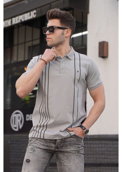 Erkek Polo Yaka Boyalı Gri Tişört 5822