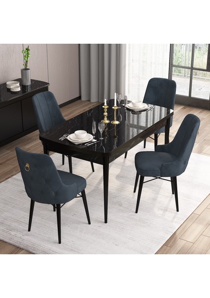 Concept Are Serisi, 80X132 Açılabilir Siyah Mermer Desen Mutfak Masası Takımı, 4 Sandalye
