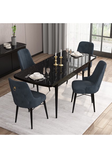 Concept Are Serisi, 80X132 Açılabilir Siyah Mermer Desen Mutfak Masası Takımı, 4 Sandalye