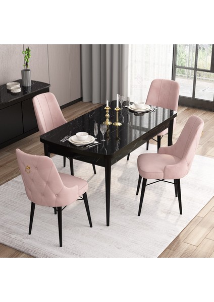 Concept Are Serisi, 80X132 Açılabilir Siyah Mermer Desen Mutfak Masası Takımı, 4 Sandalye