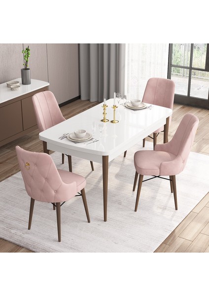 Concept Are Serisi, 80X132 Açılabilir Mdf Beyaz Masa Ceviz Ayak Masa Takımı, 4 Sandalye