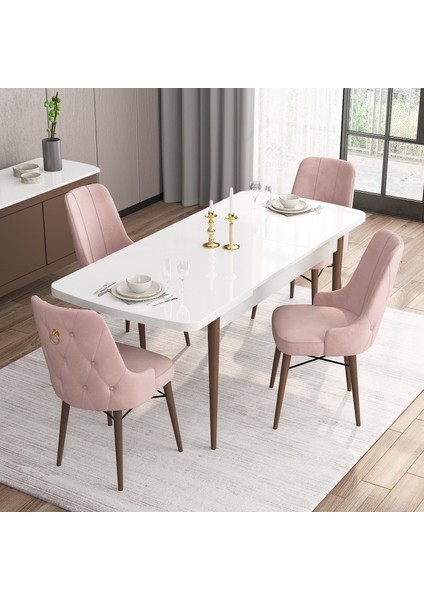 Concept Are Serisi, 80X132 Açılabilir Mdf Beyaz Masa Ceviz Ayak Masa Takımı, 4 Sandalye fiyatları