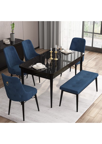 Concept Are Serisi, 80X132 Benchli Açılabilir Siyah Mermer Desen Mutfak Masası Takımı, 4 Sandalye 1 Bench