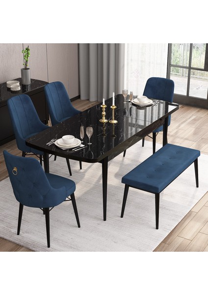 Concept Are Serisi, 80X132 Benchli Açılabilir Siyah Mermer Desen Mutfak Masası Takımı, 4 Sandalye 1 Bench