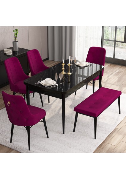 Concept Are Serisi, 80X132 Benchli Açılabilir Siyah Mermer Desen Mutfak Masası Takımı, 4 Sandalye 1 Bench