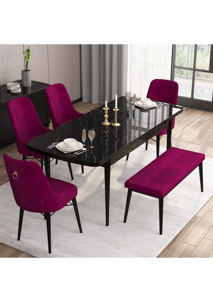 Concept Are Serisi, 80X132 Benchli Açılabilir Siyah Mermer Desen Mutfak Masası Takımı, 4 Sandalye 1 Bench