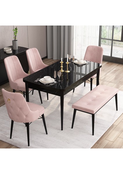 Concept Are Serisi, 80X132 Benchli Açılabilir Siyah Mermer Desen Mutfak Masası Takımı, 4 Sandalye 1 Bench