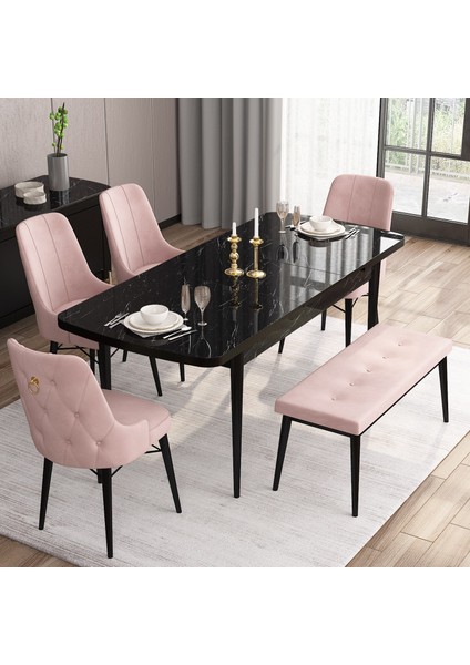 Concept Are Serisi, 80X132 Benchli Açılabilir Siyah Mermer Desen Mutfak Masası Takımı, 4 Sandalye 1 Bench fiyatları