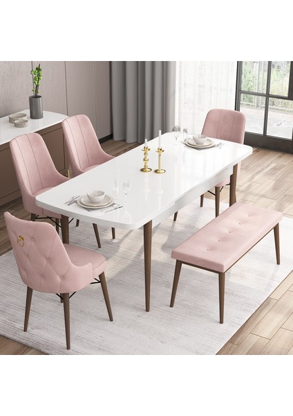 Concept Are Serisi, 80X132 Açılabilir Mdf Beyaz Masa Ceviz Ayak Masa Takımı, 4 Sandalye 1 Bench fiyatları