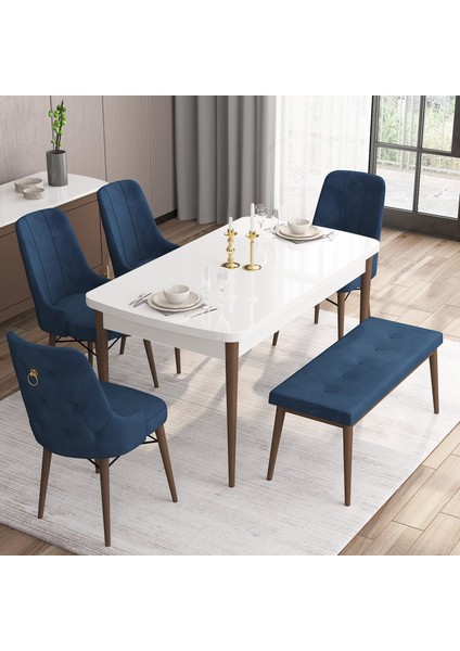 Concept Are Serisi, 80X132 Açılabilir Mdf Beyaz Masa Ceviz Ayak Masa Takımı, 4 Sandalye 1 Bench indirimleri