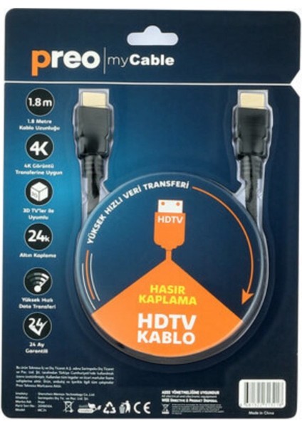 PREO MC24 HDMI 1.4 Versiyon HDMI Kablo 1.8m