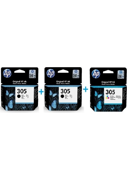 305 Siyah Black 3YM61AE + Hp 305 Renkli 3YM60AE Kartuş 3 Set