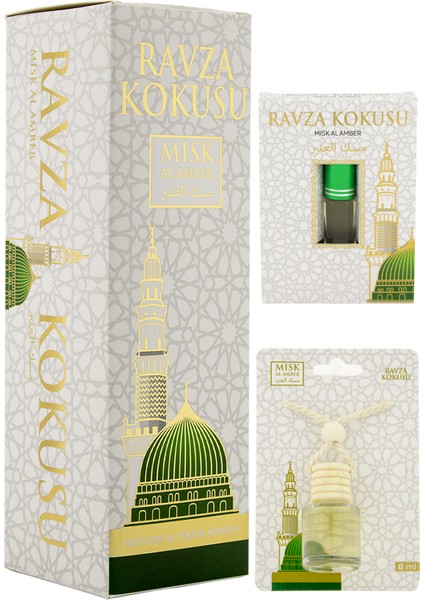 Medine Ravza Kokusu 400ML Sprey ve Medine Ravza Kokusu 8 ml Araba Kokusu Cam Şişe ve Medine Ravza Alkolsüz Esans 3ml