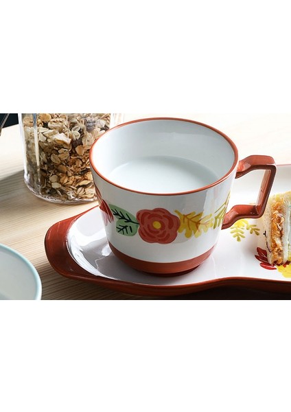 El Boyalı Seramik Kahvaltı Sofra Seti Sır Altında Seti Kahvaltı Bardak Yulaf Süt Kahve Fincanı Büyük Çay Bardağı Ev Kupası Daire | Teacup Tabak Setleri (Yurt Dışından)