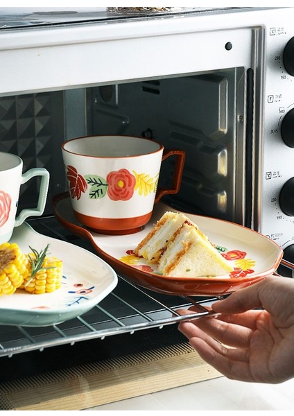 El Boyalı Seramik Kahvaltı Sofra Seti Sır Altında Seti Kahvaltı Bardak Yulaf Süt Kahve Fincanı Büyük Çay Bardağı Ev Kupası Daire | Teacup Tabak Setleri (Yurt Dışından)