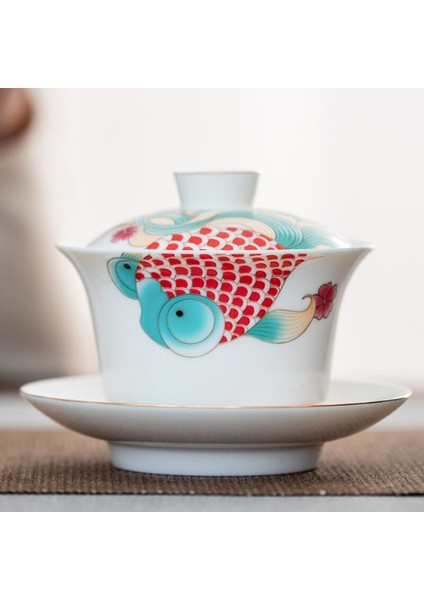 Seramik Tureen Beyaz Porselen Gaiwan Karikatür Balık Kupası Kapak Kapak Fıçı Seti Seti Çay Kase Teaset Teasware Dekor El Sanatları Hediye | Çay Tureen (Yurt Dışından)