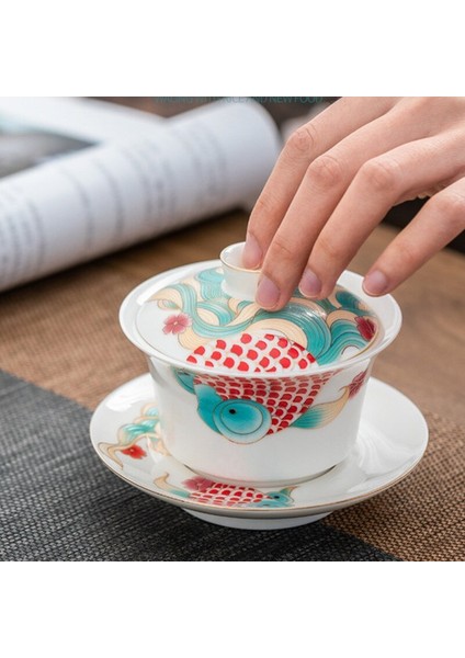 Seramik Tureen Beyaz Porselen Gaiwan Karikatür Balık Kupası Kapak Kapak Fıçı Seti Seti Çay Kase Teaset Teasware Dekor El Sanatları Hediye | Çay Tureen (Yurt Dışından) fiyatları