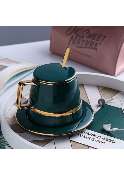 Altın Trim Yeşil Porselen Kahve Bardakları, Latte, Kafa Kaşık, Içecekler, Latte, Cafe Mocha Cappuccino Ve Çay 450Ml | Kahve Kupası Ve Tabak Setleri (Yurt Dışından)