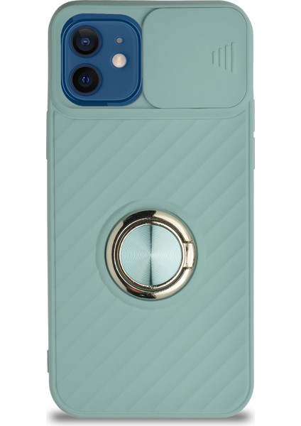 Apple iPhone 12 Kapak Kamera Korumalı Yüzüklü Pastel Silikon Kılıf - Turkuaz fiyatları