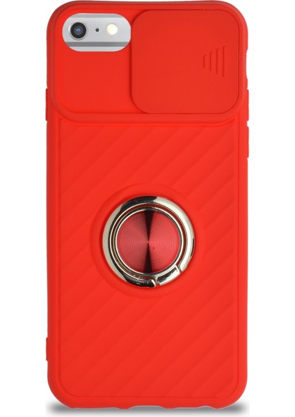 Apple iPhone 6s Kapak Kamera Korumalı Yüzüklü Pastel Silikon Kılıf - Kırmızı