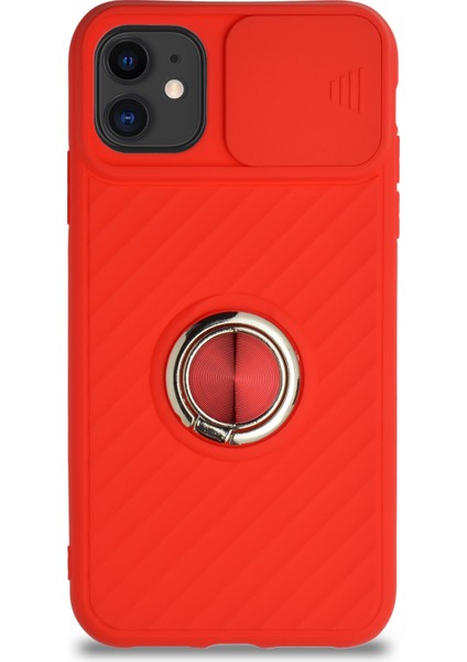 Apple iPhone 11 Kapak Kamera Korumalı Yüzüklü Pastel Silikon Kılıf - Kırmızı fiyatları