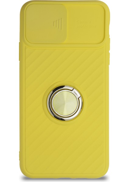 Apple iPhone 11 Pro Max Kapak Kamera Korumalı Yüzüklü Pastel Silikon Kılıf - Sarı