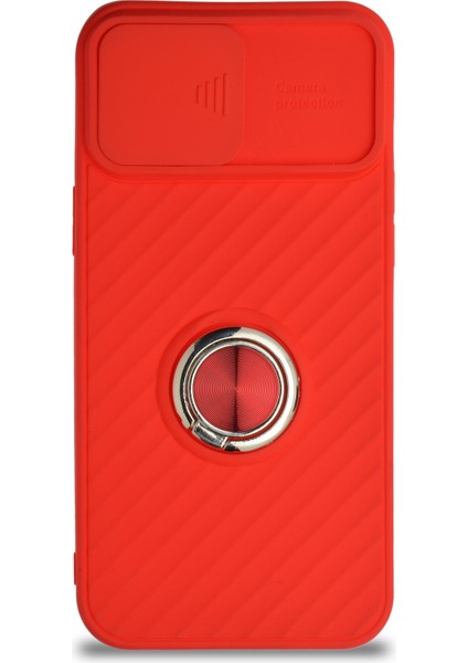 Apple iPhone 12 Pro Kapak Kamera Korumalı Yüzüklü Pastel Silikon Kılıf - Kırmızı