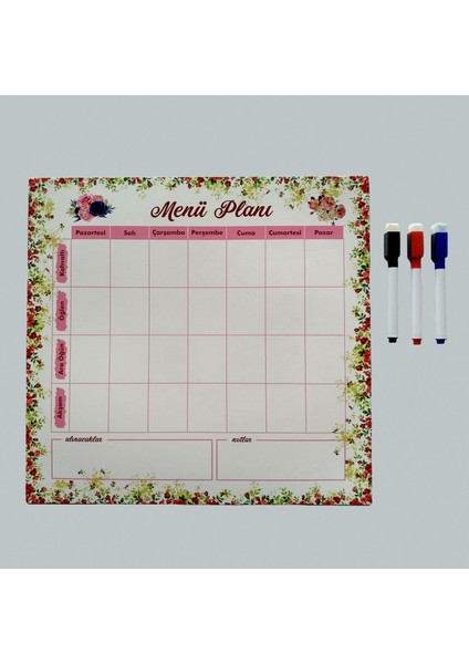 Menu Planı Çiçekli Magnet Planlayıcı - Silinebilir Mıknatıslı Yazı Tahtası 33 x 32 cm + 3 Kalem