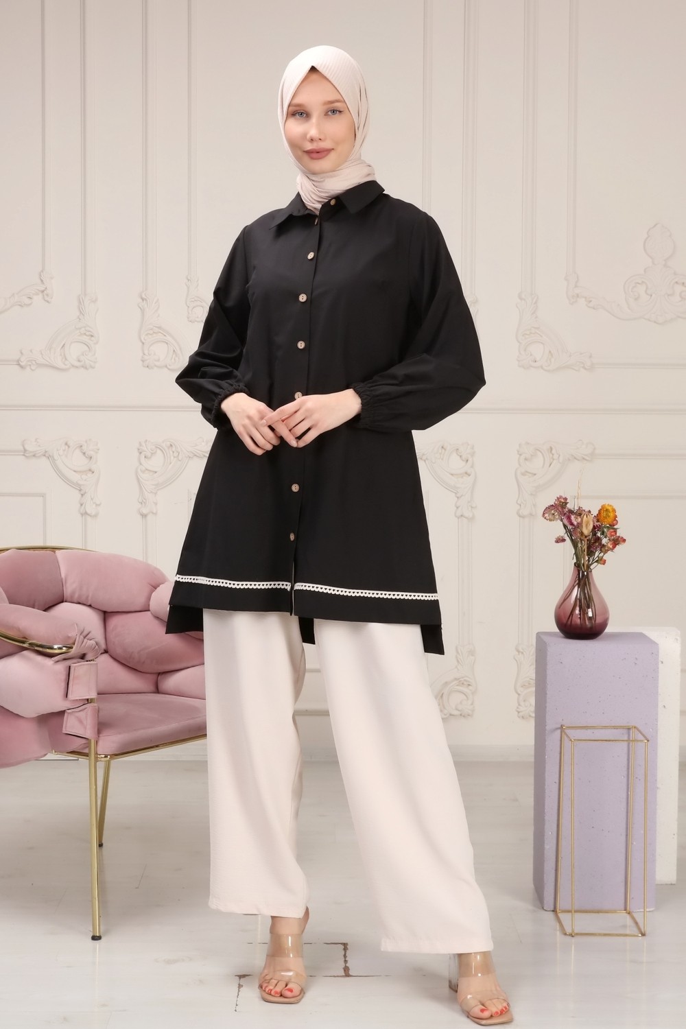 Alisma Moda Alisma Pamuklu Dantel Detaylı Gömlek - Siyah