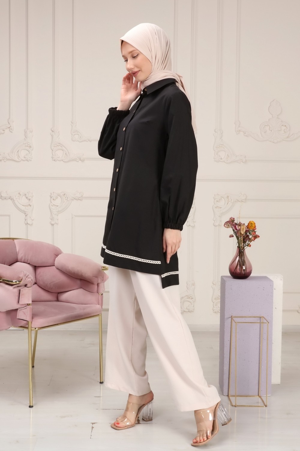 Alisma Moda Alisma Pamuklu Dantel Detaylı Gömlek - Siyah görsel 2