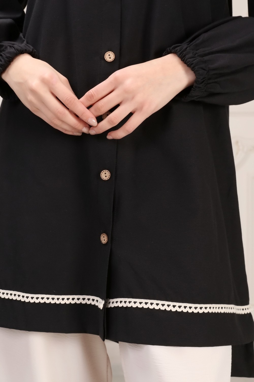Alisma Moda Alisma Pamuklu Dantel Detaylı Gömlek - Siyah görsel 5