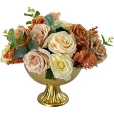 Nettenevime Yapay Çiçek Aranjmanı Desenli Çanak Metal Gold Vazolu Kahve Somon Pudra Tonlu Gülller Masa Üstü Çiçeği Arajman 95026