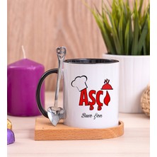 Hediye Dükkanı Kişiye Özel  Aşçı Ahşap Altlıklı Kaşıklı Siyah Kupa Bardak