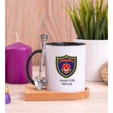 Hediye Dükkanı Kişiye Özel  Deniz Kuvvetleri Ahşap Altlıklı Kaşıklı Siyah Kupa Bardak