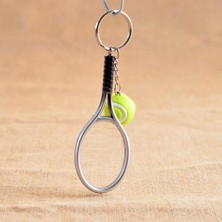 Mini Tenis Raketi W / Top Charm Kolye Çanta Çanta Anahtarlık Anahtarlık Gümüş