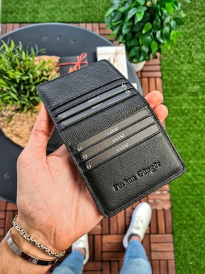 Visso 657 Hakiki Orijinal Deri Kişiye Özel isim Baskılı Unisex Mıknatıslı Kartlık Cüzdan Siyah Renk