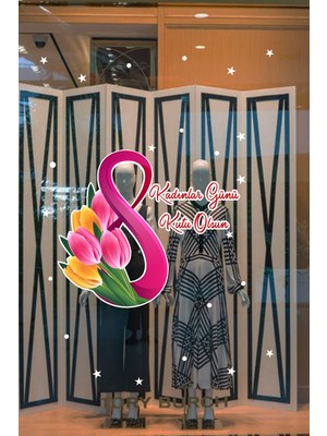 Mıgnatıs Laleler ve 8 Mart Kadınlar Günü Kutlu Olsun Yazısı Cam Vitrin Stickerı