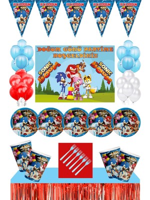 Sonic Boom Doğum Günü 24 Kişilik  70 x 100 Afişli Sonic Boom Parti Malzemeleri Seti Kırmızı masa Etekl