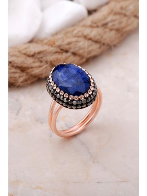 Sümer Telkari Safir Taşlı Rose Gümüş Yüzük 3467