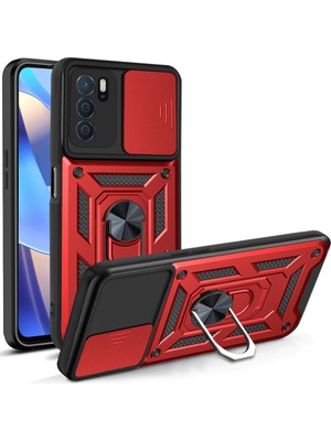 Nevarium Oppo A55 Kılıf Lens Sürgülü Yüzüklü Tank Silikon Pars - Kırmızı