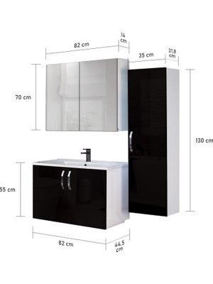 Trio Modül Asmira Banyo Dolabı - 80 cm - 3'lü Set - Siyah