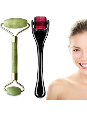 Tekno İstanbul Çift Taraflı roller Yeşim Taşı VE 540 Iğneli Dermoroller Titanyum Cilt Yenileme ve Masaj Aleti Seti