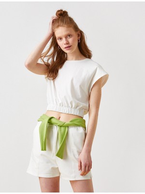 Koton 2SAL10139IK Yuvarlak Yaka Kısa Kollu Normal Kalıp Ekru Kadın T-Shirt