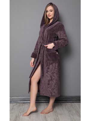 Nuşa Koyu Gülkurusu Eteği Jakarlı Bambu Pamuklu  Bayan Bornozu