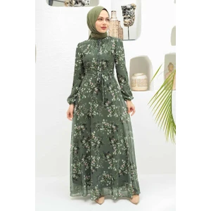 Neva Style - Çiçek Desenli Haki Tesettür Elbise 279061HK