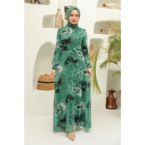 Neva Style - Çiçek Desenli Çağla Yeşili Tesettür Elbise 279070CY
