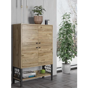 Wood'n Love Lina Desenli Metal Ayaklı Dolaplı Vitrin - Konsol - Atlantik Çam / Siyah