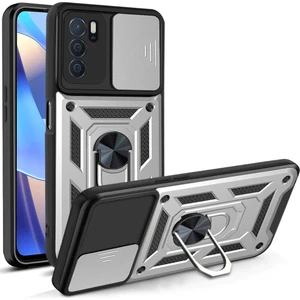Oppo A16 Kılıf Lens Sürgülü Yüzüklü Tank Silikon Pars - Gümüş