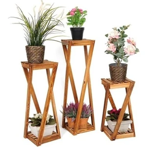 Natural Wood Work Ahşap 3lü Takım Saksı Standı Çiçeklik 3 Boy Balkon Saksılık Salon Çiçeklik NWW0010
